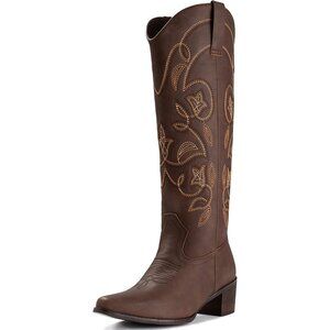 Women's Brown Pointy Toe Faux Leather Western Cowgirl Mid Calf Boots
